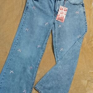 Stylish Blue Flare Jeans with Pink Accents